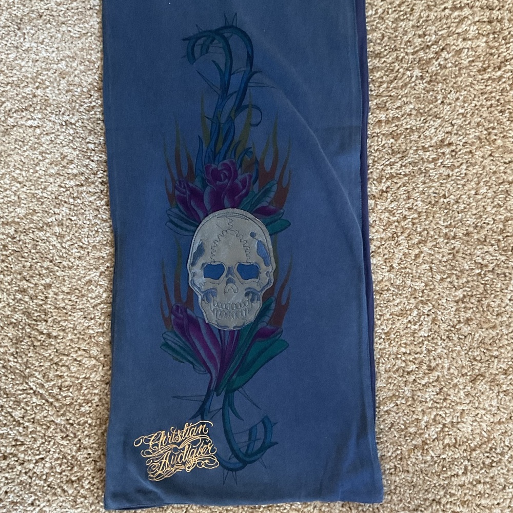 Christian Audigier Ed Hardy Navy Blue Skull Floral Embroidered Cotton Wrap - Picture 6 of 9